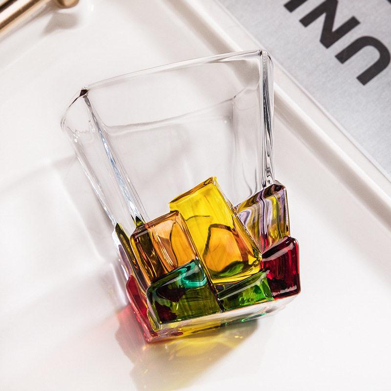 Color Block Whiskey Glass – 300ml Sculptural Glass Tumbler, Geometric Ice Cube Design for Juice, Water & Cocktails