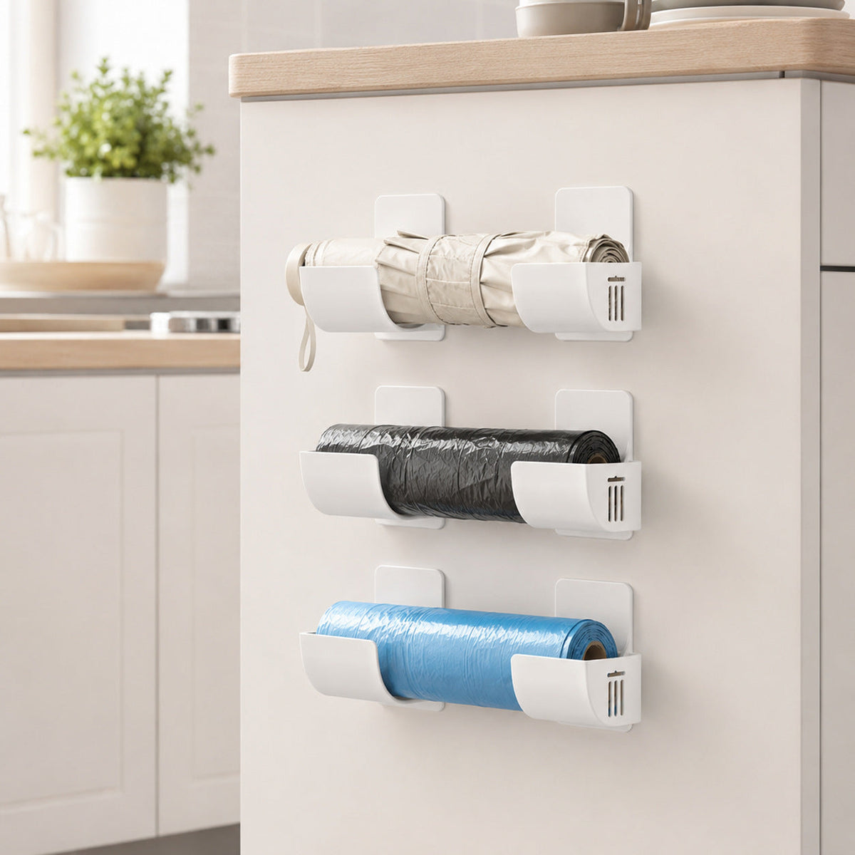 Adhesive Wall-Mounted Roll Holder – Adjustable Storage Rack for Trash Bags, Foil, Plastic Wrap & Kitchen Rolls