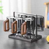 Glass Cups with Holder – 6-Piece 300ml Drinking Glass Set with Storage Rack