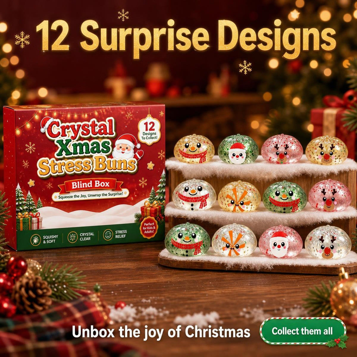 Christmas Crystal Squishy TPR Toys with Festive Designs 12 Piece Box