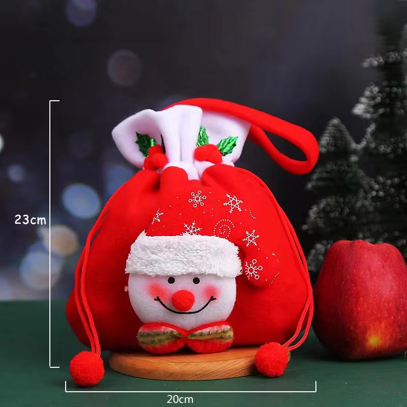 Christmas Plush Drawstring Gift Bag Santa Snowman Reindeer Apple Candy Storage Pouch