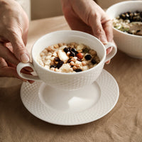 White Ceramic Bowl – Grid Pattern Rice, Soup & Salad Bowl for Home & Hospitality