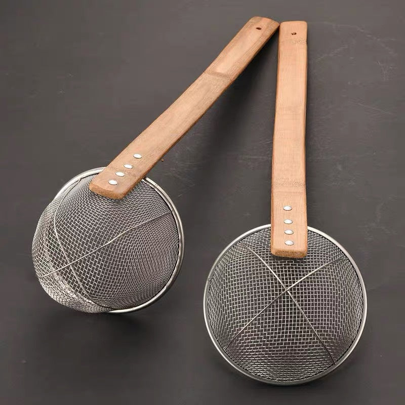 Long Handle Bamboo Mesh Skimmer, Stainless Steel Kitchen Strainer