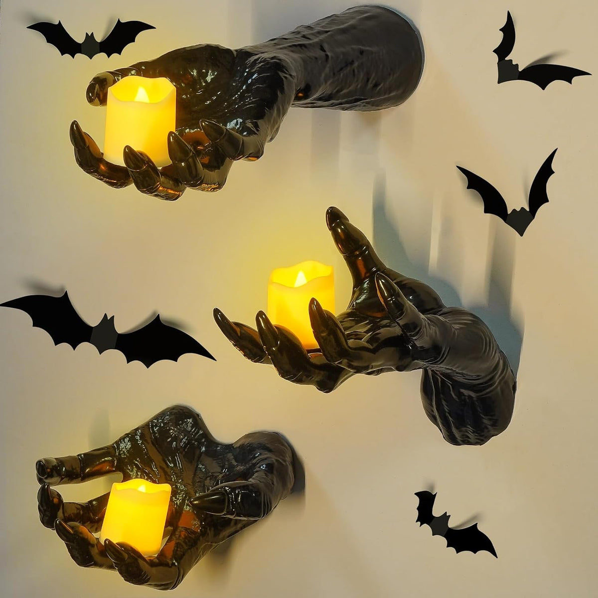 3-Piece Devil Hand Halloween Decoration – Black Vinyl Gothic Hand Candle Holders