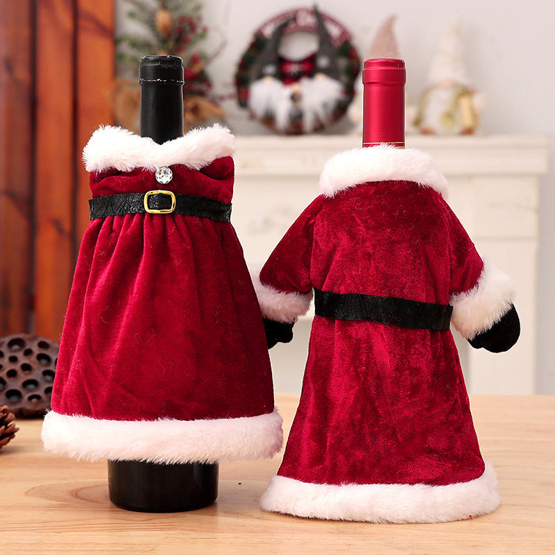Christmas Wine Bottle Covers, Santa Coat and Mrs. Claus Dress Styles with White Plush Trim, Holiday Bottle Decorations