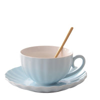 Fluted Ceramic Teacup and Saucer Set, Pastel Coffee Cup with Scalloped Plate