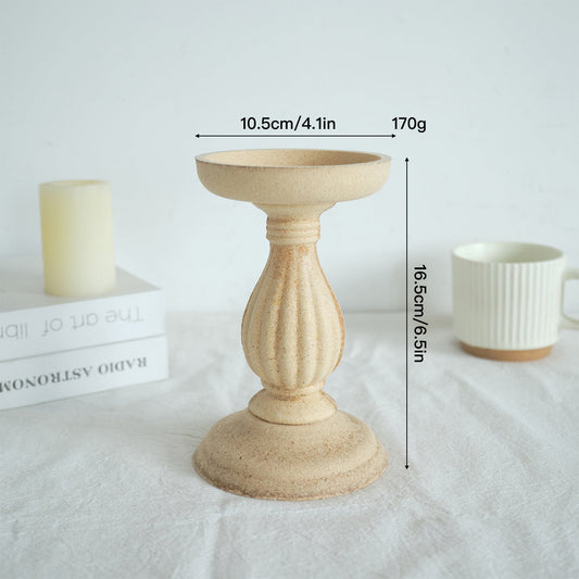 Rustic Raw Wood‑Look Pillar Candle Holder, Vintage Carved Candlestick for Table Decor