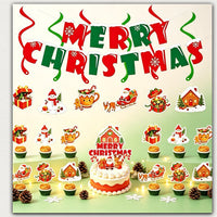 3-Style Christmas Party Decoration Set – Merry Christmas Letter Banner, Hanging Swirls & Festive Cake Toppers for Holiday Party, Home & Shop Decor