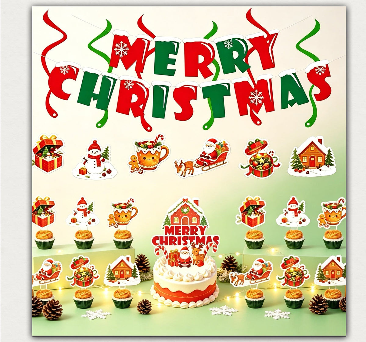 3-Style Christmas Party Decoration Set – Merry Christmas Letter Banner, Hanging Swirls & Festive Cake Toppers for Holiday Party, Home & Shop Decor