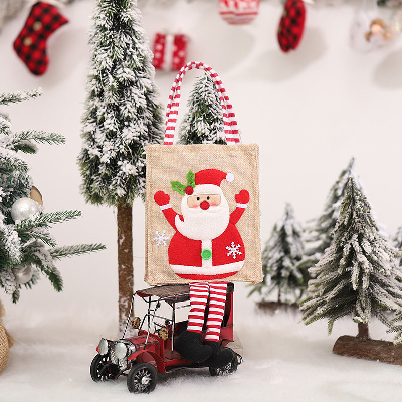 Christmas Burlap Gift Bag with Santa Snowman and Tree Designs