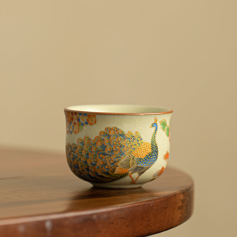 Ru Kiln Ceramic Tea Cup – Peacock Pattern Porcelain Teacup with Traditional Chinese Style for Tea Ceremony & Home Decor