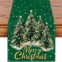 Christmas Tree Table Runner – Linen Holiday Table Decor with Merry Christmas Print, Festive Dining Table Runner for Christmas Party & Home Decoration