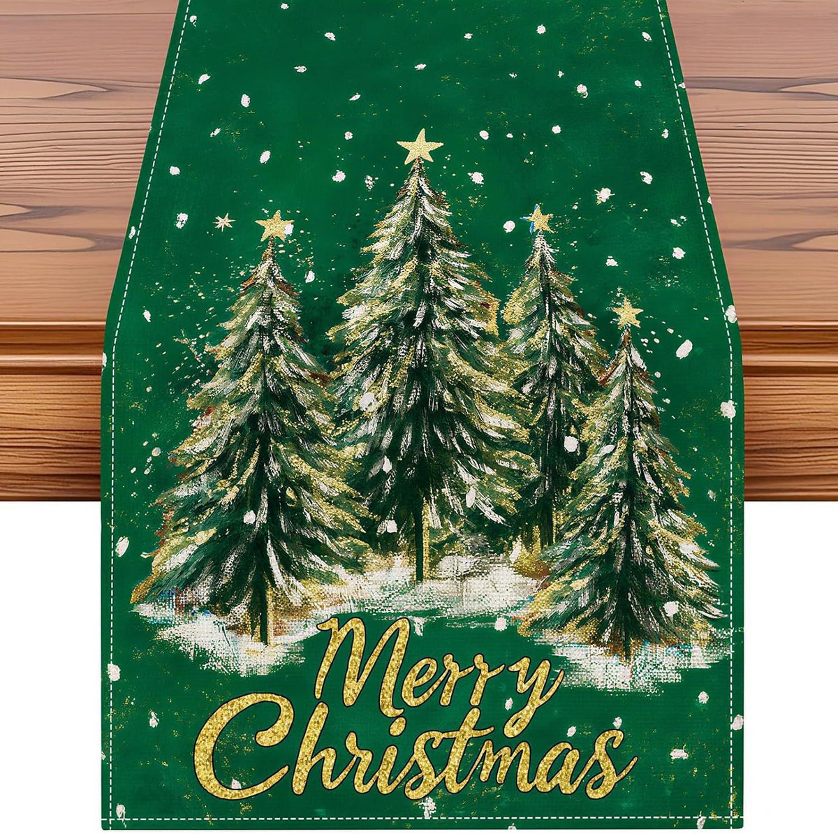 Christmas Tree Table Runner – Linen Holiday Table Decor with Merry Christmas Print, Festive Dining Table Runner for Christmas Party & Home Decoration