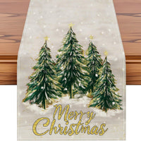 Christmas Tree Table Runner – Linen Holiday Table Decor with Merry Christmas Print, Festive Dining Table Runner for Christmas Party & Home Decoration