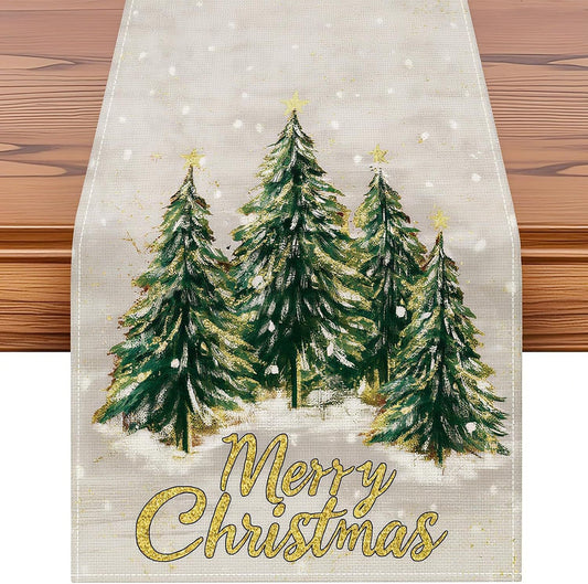 Christmas Tree Table Runner – Linen Holiday Table Decor with Merry Christmas Print, Festive Dining Table Runner for Christmas Party & Home Decoration
