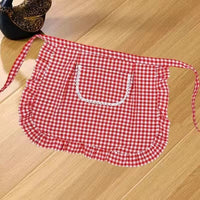 Cotton Linen Half Apron with Pocket, Vintage Gingham Kitchen Waist Apron