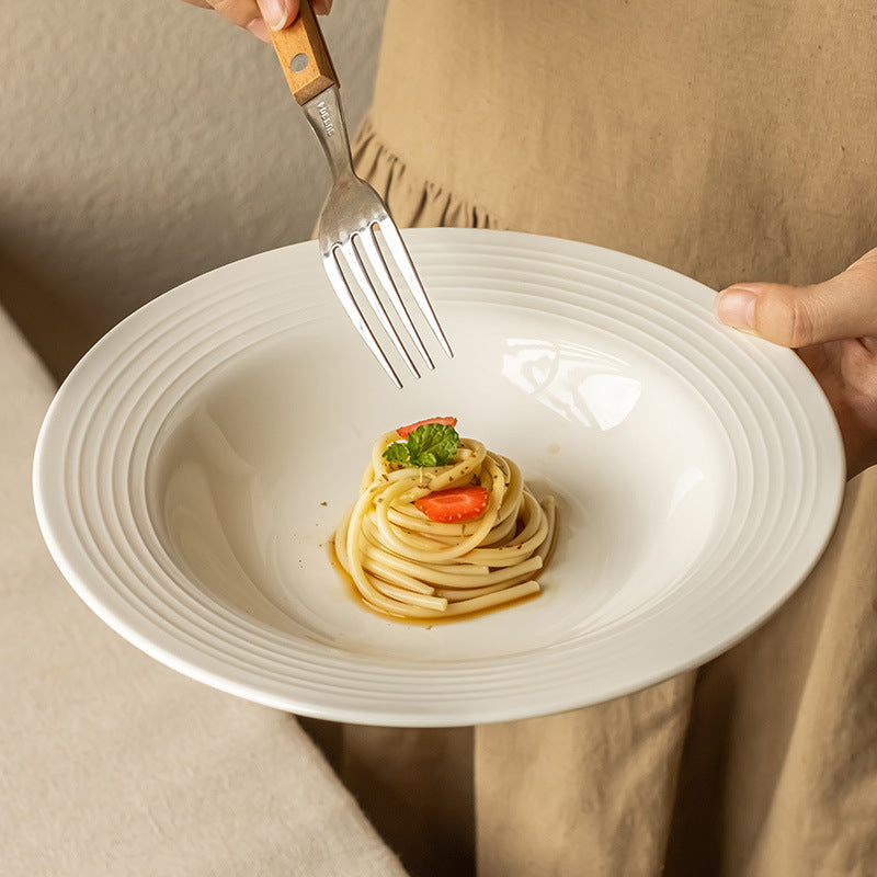 White Ceramic Pasta Bowl, 8.7 Inch Wide Rim Soup Plate