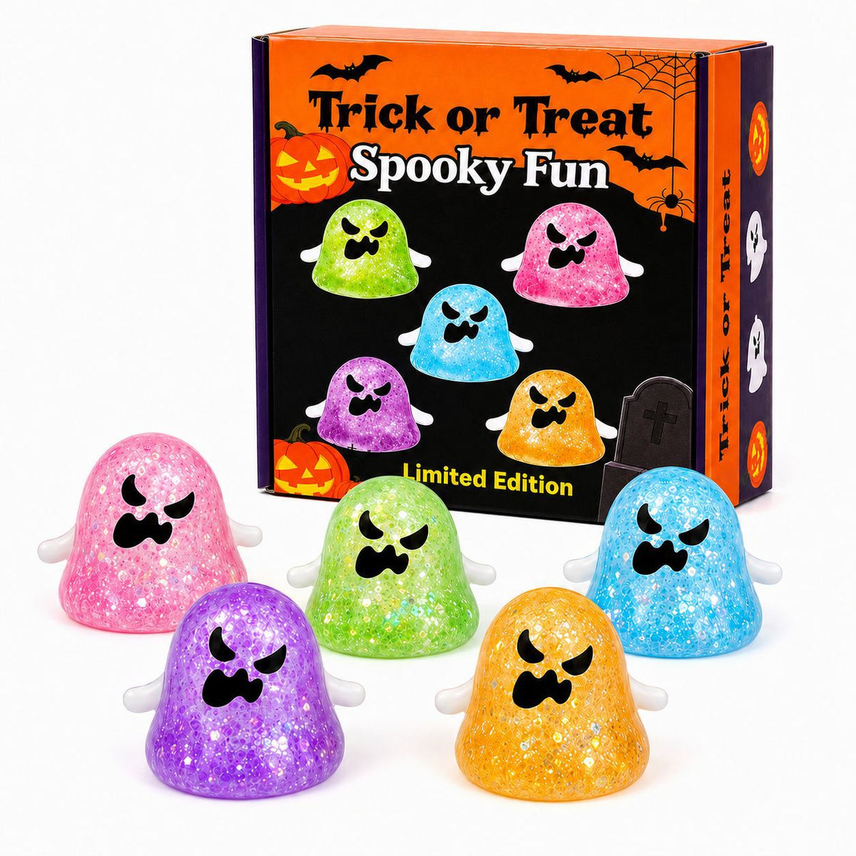 Halloween Ghost Squishy Toys – Glitter Ghost Stress Relief Fidget Toys, Soft Squeeze Toys for Kids Party Favors