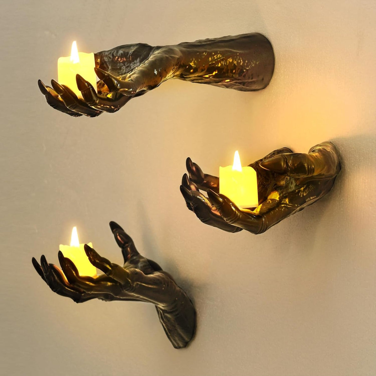 3-Piece Devil Hand Halloween Decoration – Black Vinyl Gothic Hand Candle Holders
