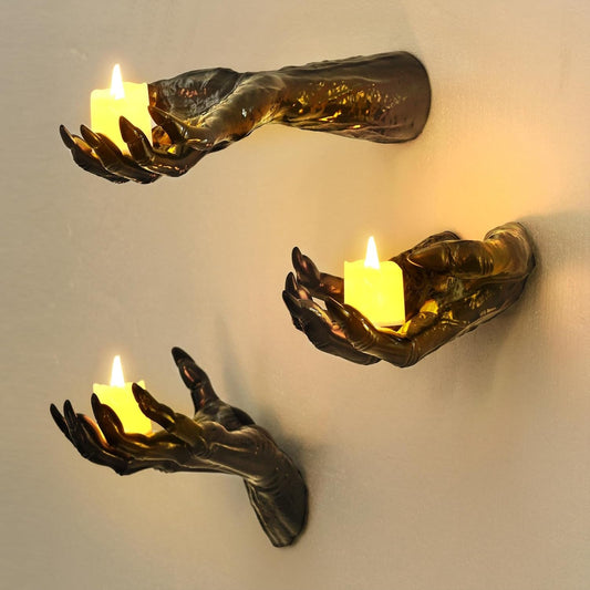 3-Piece Devil Hand Halloween Decoration – Black Vinyl Gothic Hand Candle Holders