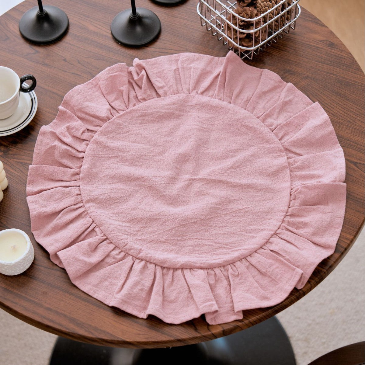 Round Cotton Ruffle Placemat Solid Color Washable Dining Table Mat