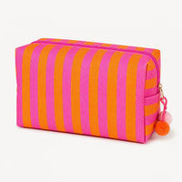 Striped Canvas Makeup Bag with Zipper and Pom Pom Pull