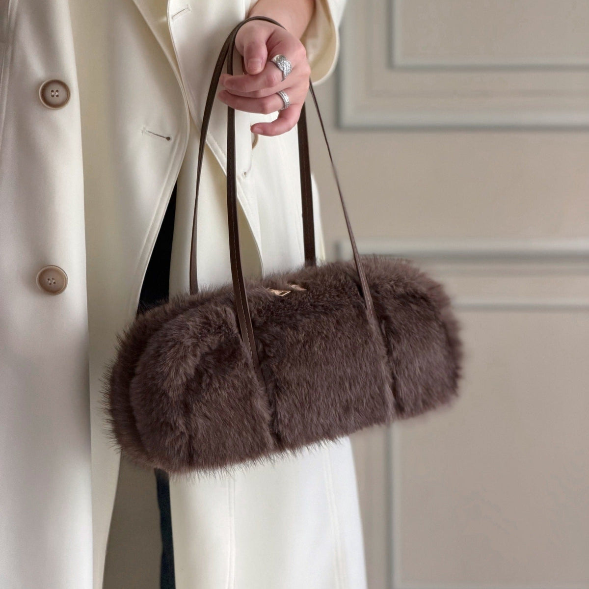 Plush Faux Fur Shoulder Bag with Long Handles in Four Colors