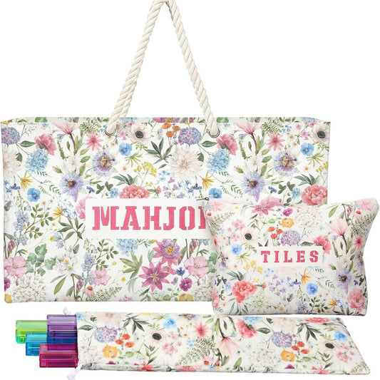 American Mahjong Storage Bag Set, Beige Floral Print 3-Piece Organizer