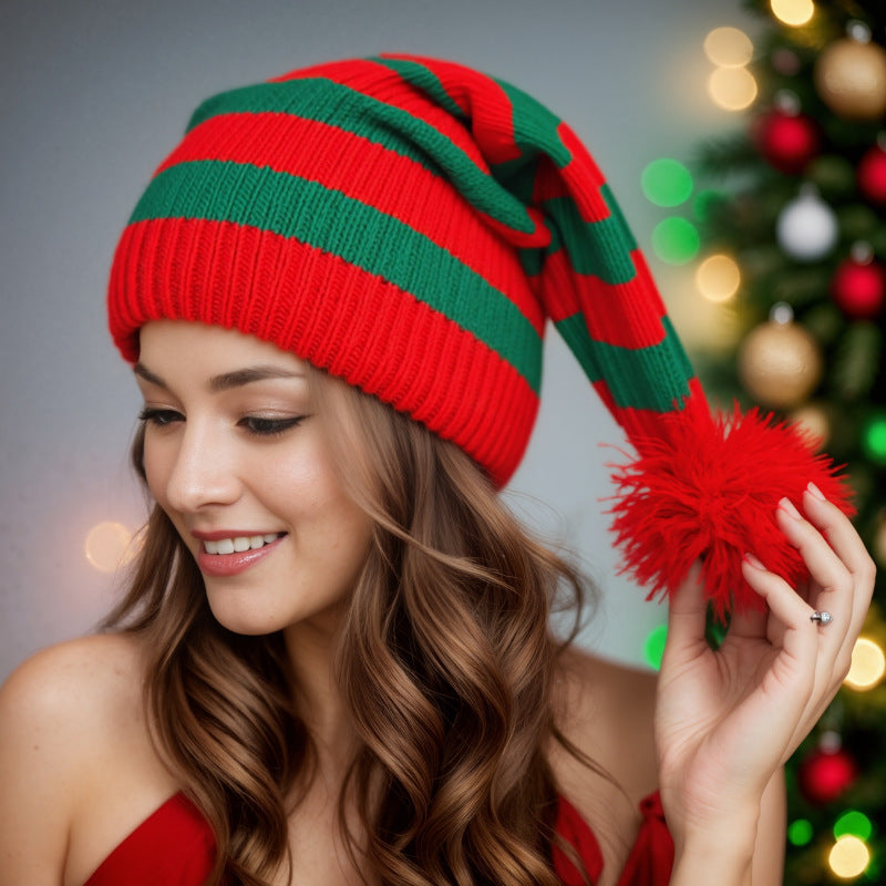 Christmas Striped Knit Beanie with Pom Pom, Festive Winter Hat