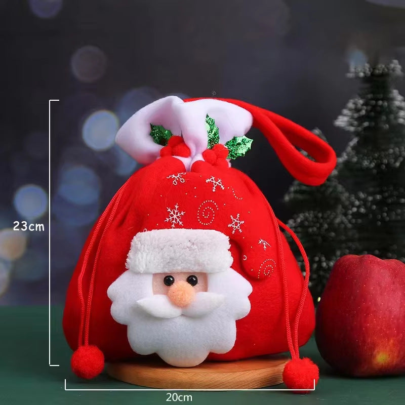 Christmas Plush Drawstring Gift Bag Santa Snowman Reindeer Apple Candy Storage Pouch