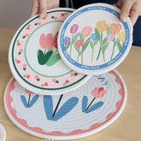 Nordic Tulip Print Woven Cotton Rope Trivet, Heat Resistant Table Mat & Coaster