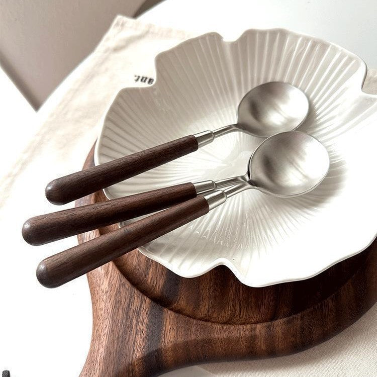 Wood Handle Stainless Steel Spoon – Rustic Table Spoon with Natural Walnut Style Handle for Coffee, Desserts & Dining
