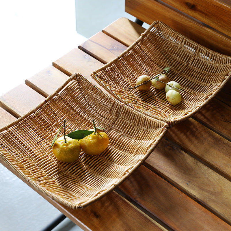 Square Plastic Wicker Basket, Rattan Style Woven Serving Tray, Decorative Storage Basket