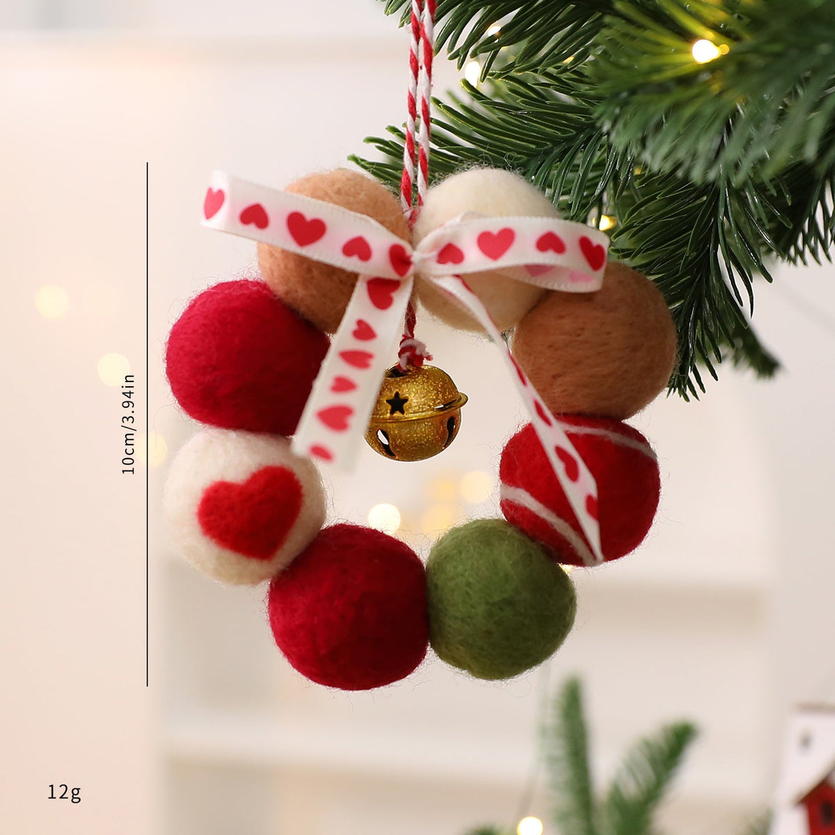 Christmas Wool Felt Pom Pom Wreath Ornament with Bells