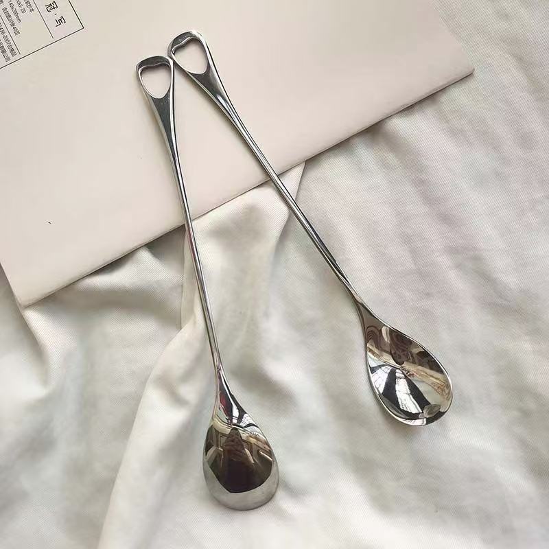 Long Handle Stainless Steel Spoon – Minimalist Coffee & Dessert Spoon with Hollow Loop Handle for Tea, Yogurt & Café Serving