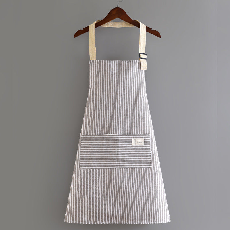 Cotton Linen Striped Kitchen Apron Adjustable Cooking Apron with Front Pockets
