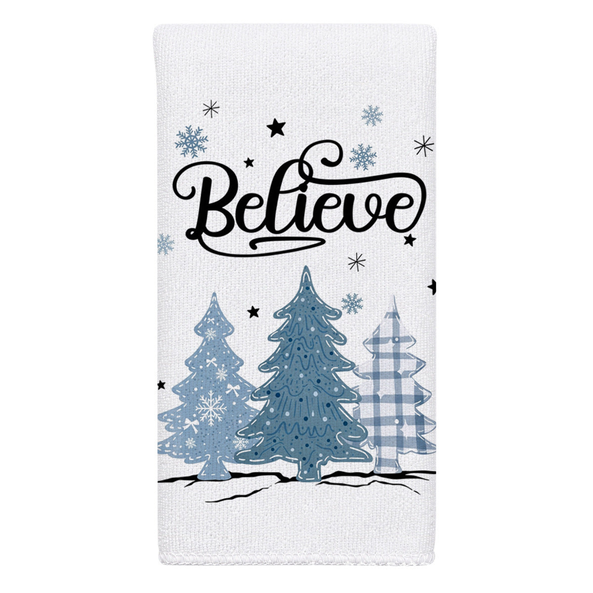 Christmas Kitchen Dish Towel Blue Snowman Snowflake Tree Print Decorative Holiday Tea Towel
