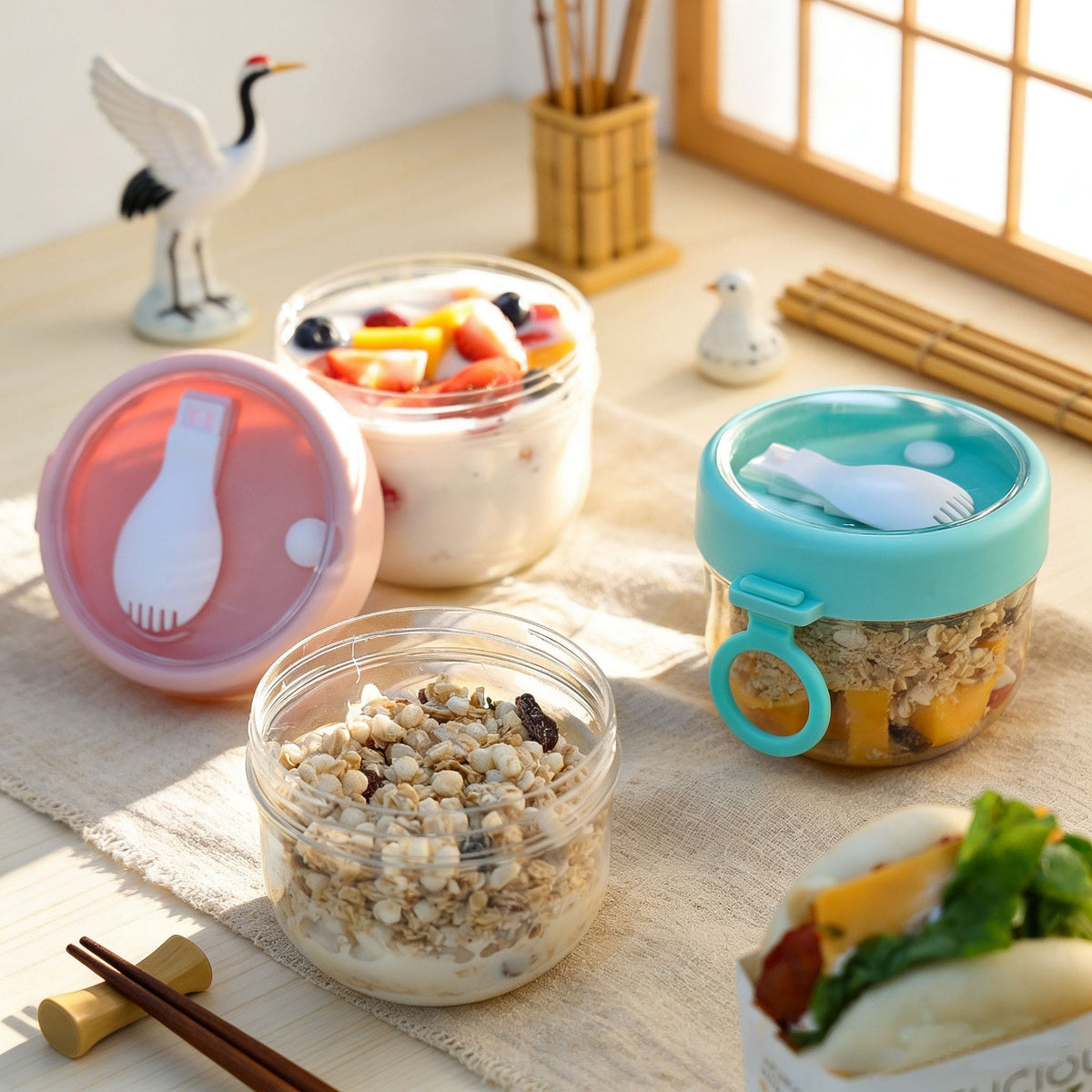 Portable Breakfast Oatmeal Cup with Spoon – 600ml Thickened PC Cereal Container with Lid & Handle for Yogurt, Fruit and Snacks