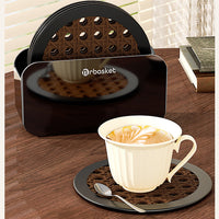 Rattan-Style Round Silicone Coaster Set with Storage Holder, 4-Piece Heat-Resistant Table Coasters