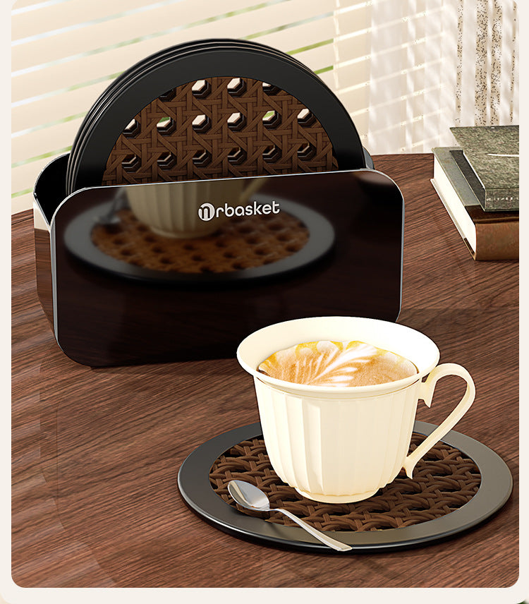 Rattan-Style Round Silicone Coaster Set with Storage Holder, 4-Piece Heat-Resistant Table Coasters