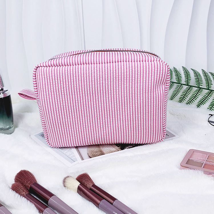 Striped Cotton Makeup Bag with Polyester Lining and Zip Closure