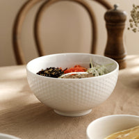 White Ceramic Bowl – Grid Pattern Rice, Soup & Salad Bowl for Home & Hospitality