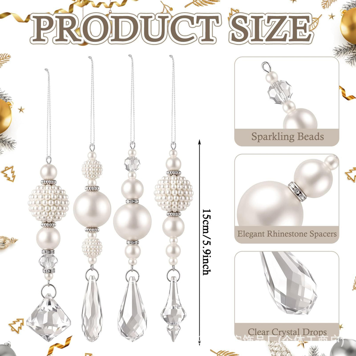 Pearl Look Beaded Christmas Ornaments with Clear Drops