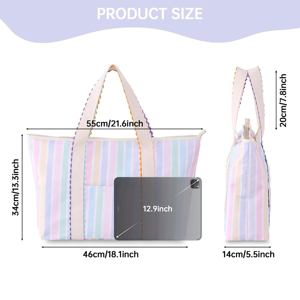 Pastel Striped Mahjong Tote Bag with Ric Rac Trim Handles