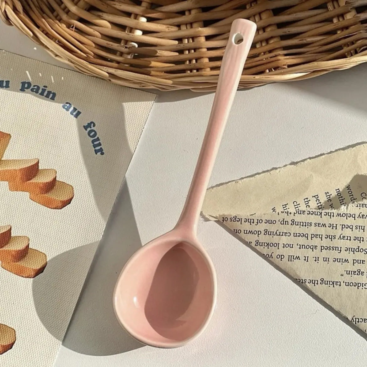 Ceramic Soup Spoon – Long Handle Serving Spoon with Hanging Hole for Soup, Rice, Desserts & Everyday Dining