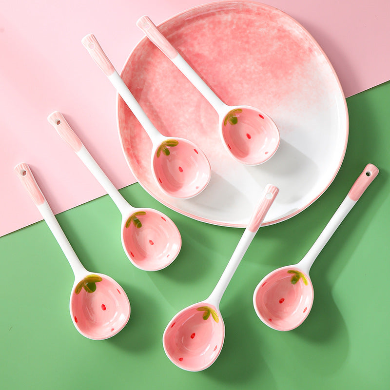 Cute Strawberry Ceramic Soup Spoon – Long Handle Japanese Style Spoon for Soup, Rice, Desserts & Everyday Dining