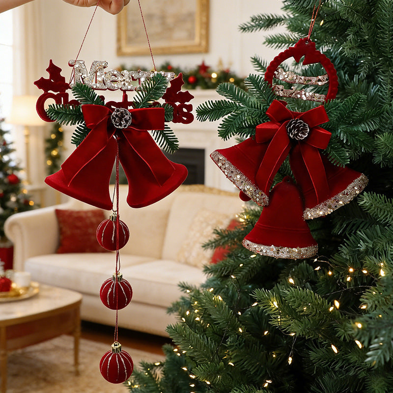 Plastic Christmas Hanging Ornament – Holiday Bell Decoration with Bow & Pine Branch Design for Tree, Door, Wall & Home Decor