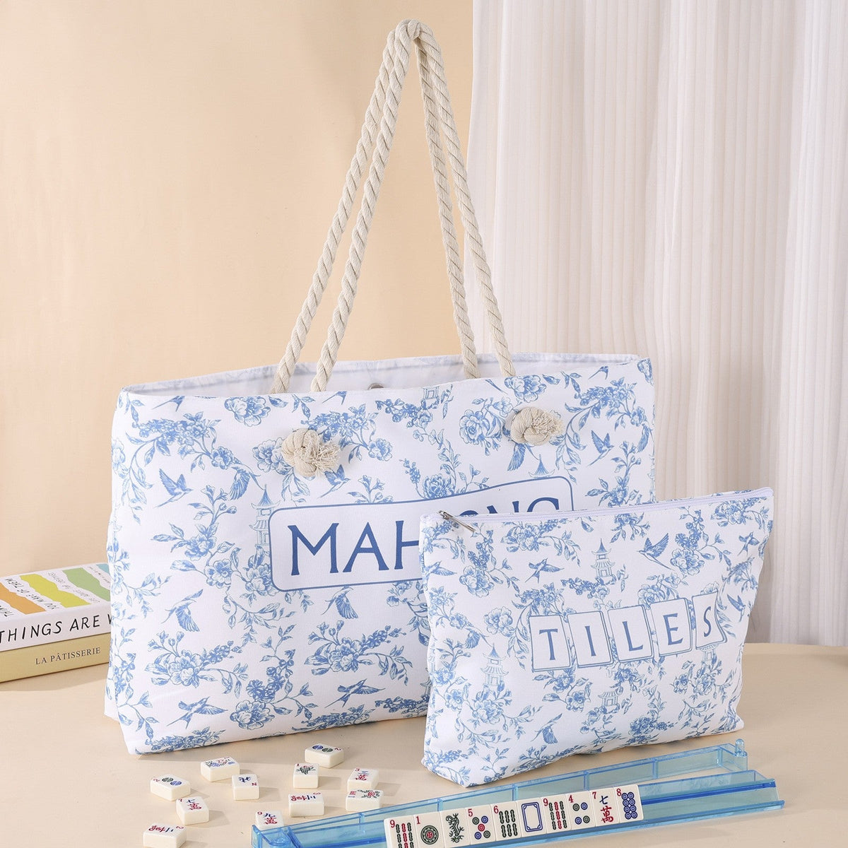 3-Piece Mahjong Storage Bag Set – Blue Floral Tote, Tile Pouch & Rack Carry Bag for Mahjong Tiles, Accessories, Travel & Home Storage