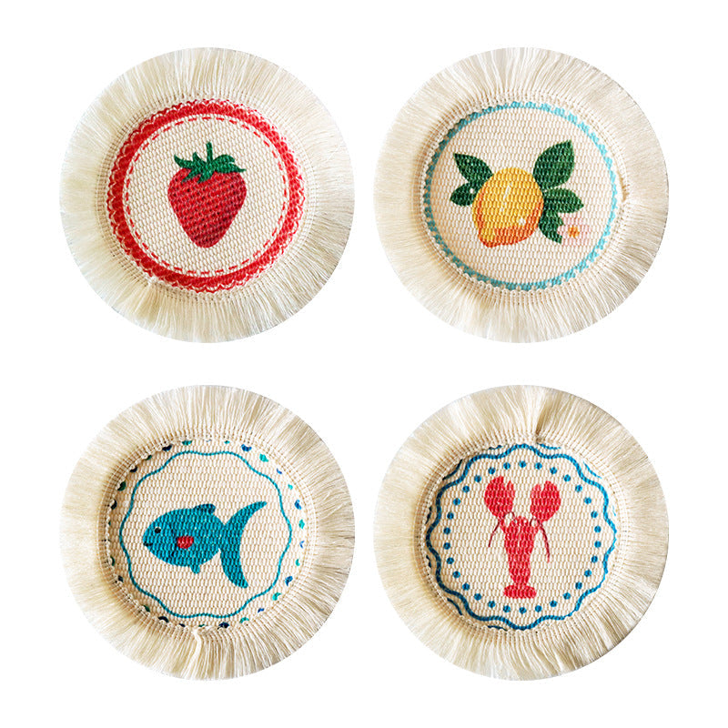 Fresh Floral Tassel Coaster, Round Fabric Mug Mat & Heat Resistant Table Protector