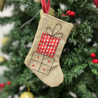 Mini Christmas Stocking Ornament – Rustic Burlap Holiday Hanging Decoration with Gift Box or Christmas Tree Design for Tree, Gift & Home Decor